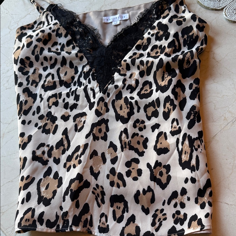Socialite Leopard Print Cami with Black Lace
